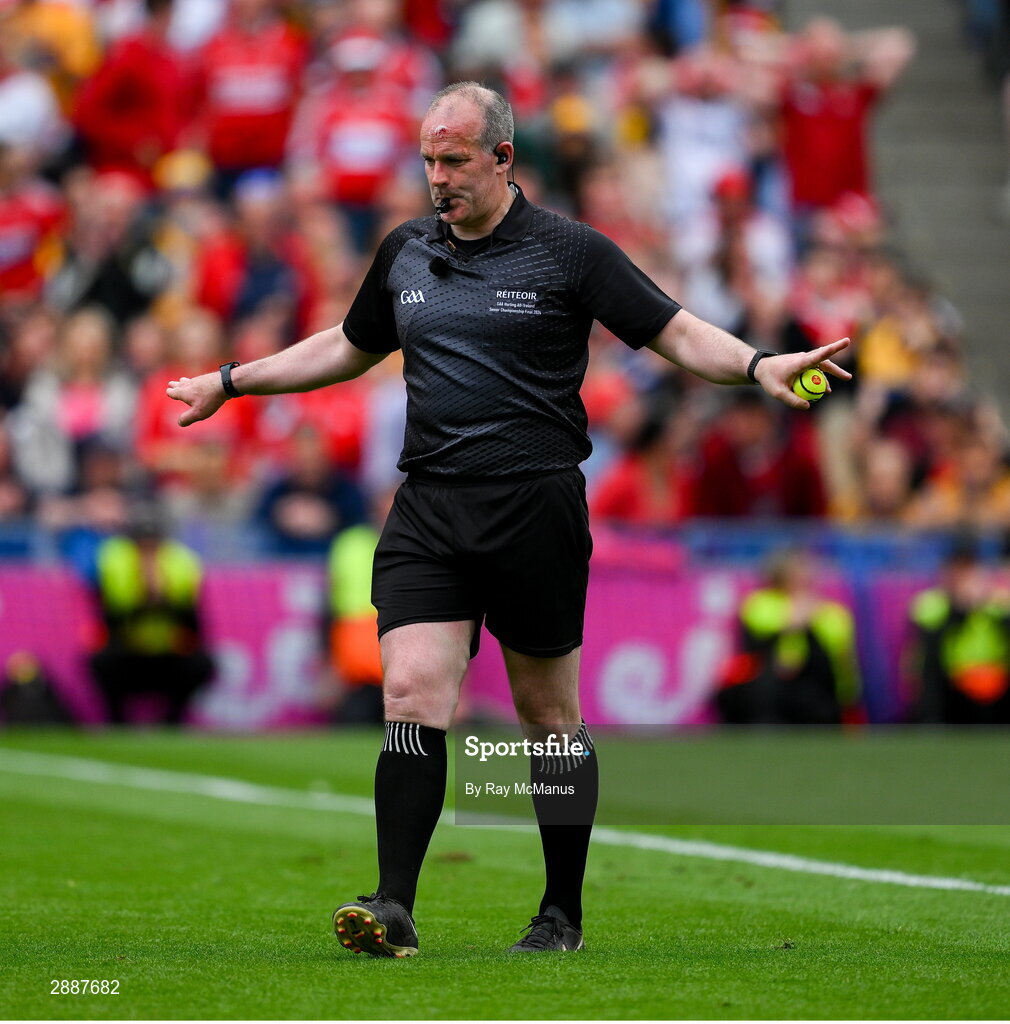 21 July 2024; Referee Johnny Murphy call time, in normal time, during the GAA Hurling All-Ireland Senior Championship Final between Clare and Cork at Croke Park in Dublin. Photo by Ray McManus/Sportsfile
