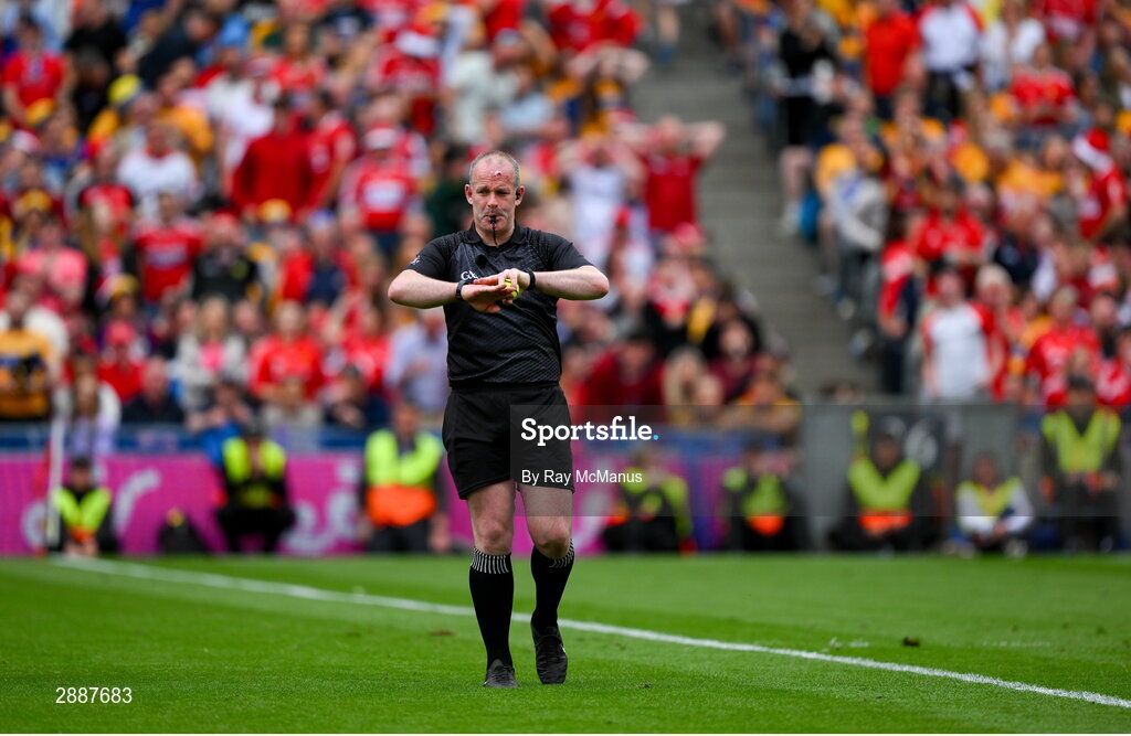 21 July 2024; Referee Johnny Murphy call time, in normal time, during the GAA Hurling All-Ireland Senior Championship Final between Clare and Cork at Croke Park in Dublin. Photo by Ray McManus/Sportsfile