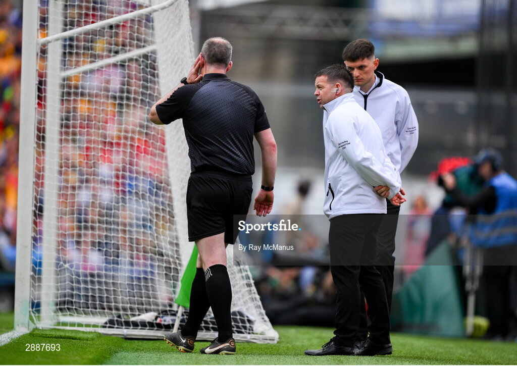 21 July 2024; Referee Johnny Murphy consults with his umpires during the GAA Hurling All-Ireland Senior Championship Final between Clare and Cork at Croke Park in Dublin. Photo by Ray McManus/Sportsfile