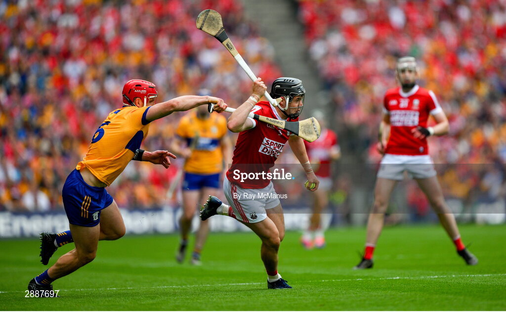 21 July 2024; Darragh Fitzgibbon of Cork is tackled by John Conlon of Clare during the GAA Hurling All-Ireland Senior Championship Final between Clare and Cork at Croke Park in Dublin. Photo by Ray McManus/Sportsfile