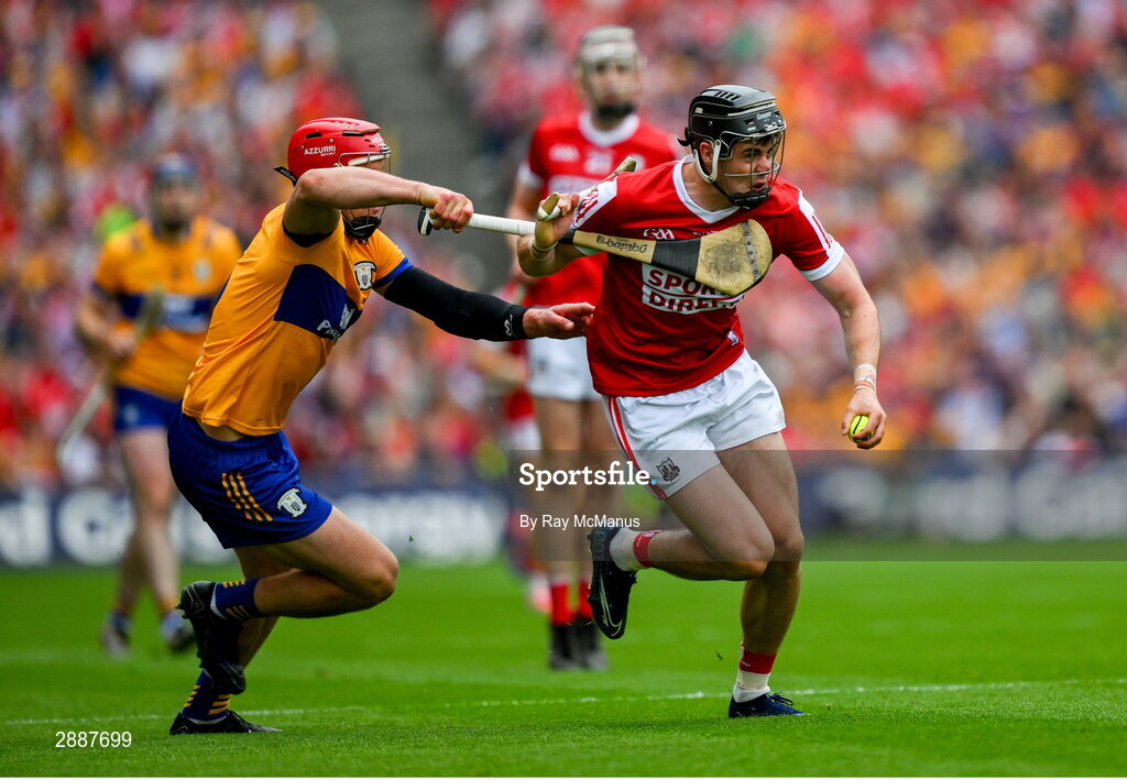 21 July 2024; Darragh Fitzgibbon of Cork is tackled by John Conlon of Clare during the GAA Hurling All-Ireland Senior Championship Final between Clare and Cork at Croke Park in Dublin. Photo by Ray McManus/Sportsfile