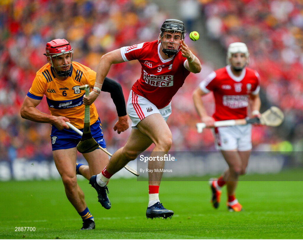 21 July 2024; Darragh Fitzgibbon of Cork is tackled by John Conlon of Clare during the GAA Hurling All-Ireland Senior Championship Final between Clare and Cork at Croke Park in Dublin. Photo by Ray McManus/Sportsfile