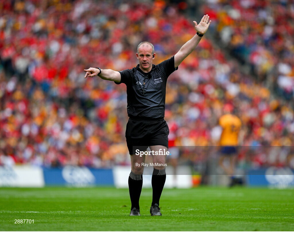 21 July 2024; Referee Johnny Murphy during the GAA Hurling All-Ireland Senior Championship Final between Clare and Cork at Croke Park in Dublin. Photo by Ray McManus/Sportsfile