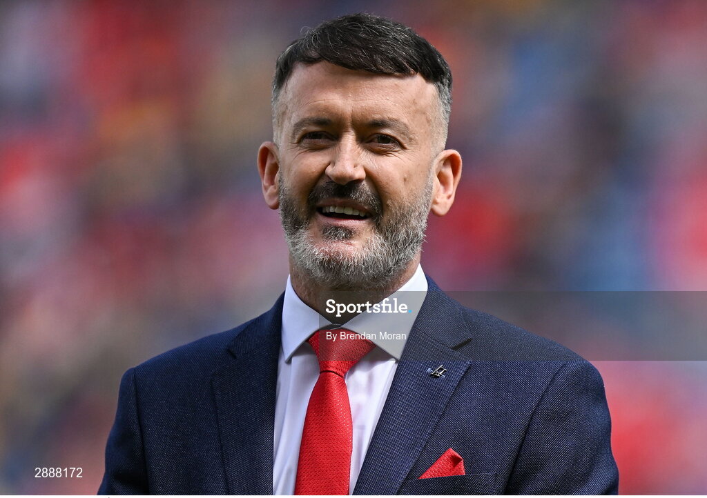21 July 2024; Donal Óg Cusack of the Cork hurling jubilee 1999 All Ireland winning team before the GAA Hurling All-Ireland Senior Championship Final between Clare and Cork at Croke Park in Dublin. Photo by Brendan Moran/Sportsfile