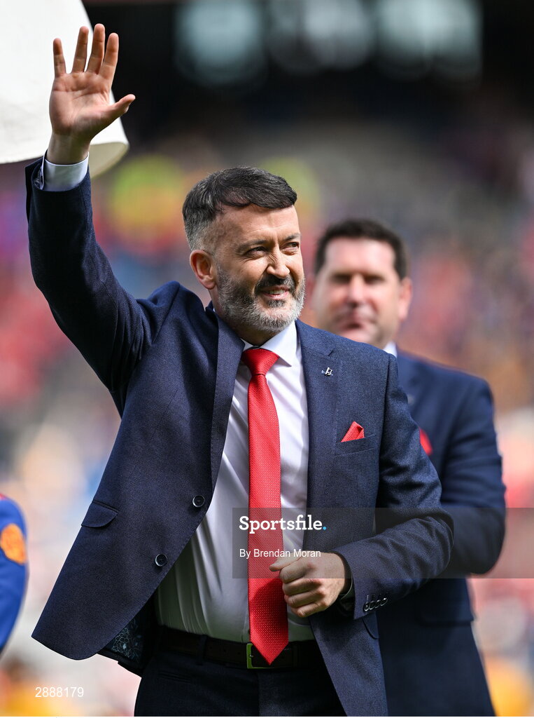 21 July 2024; Donal Óg Cusack of the Cork hurling jubilee 1999 All Ireland winning team before the GAA Hurling All-Ireland Senior Championship Final between Clare and Cork at Croke Park in Dublin. Photo by Brendan Moran/Sportsfile
