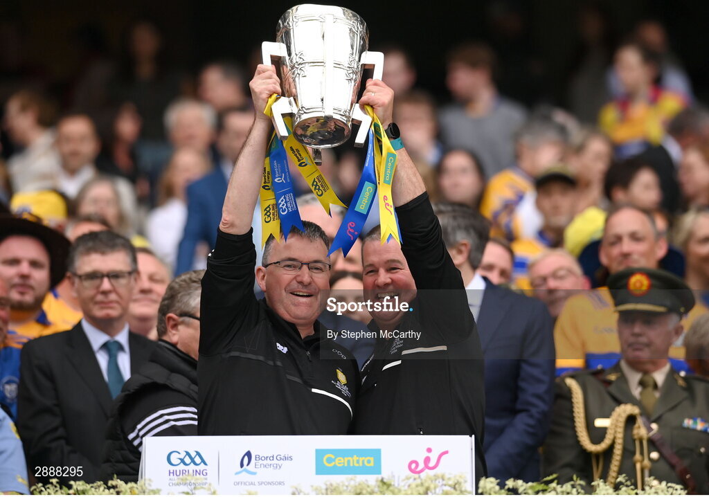 21 July 2024; Ger Curran, left, and Dermot O Donnell lift the Liam MacCarthy cup following victory in the GAA Hurling All-Ireland Senior Championship Final between Clare and Cork at Croke Park in Dublin. Photo by Stephen McCarthy/Sportsfile