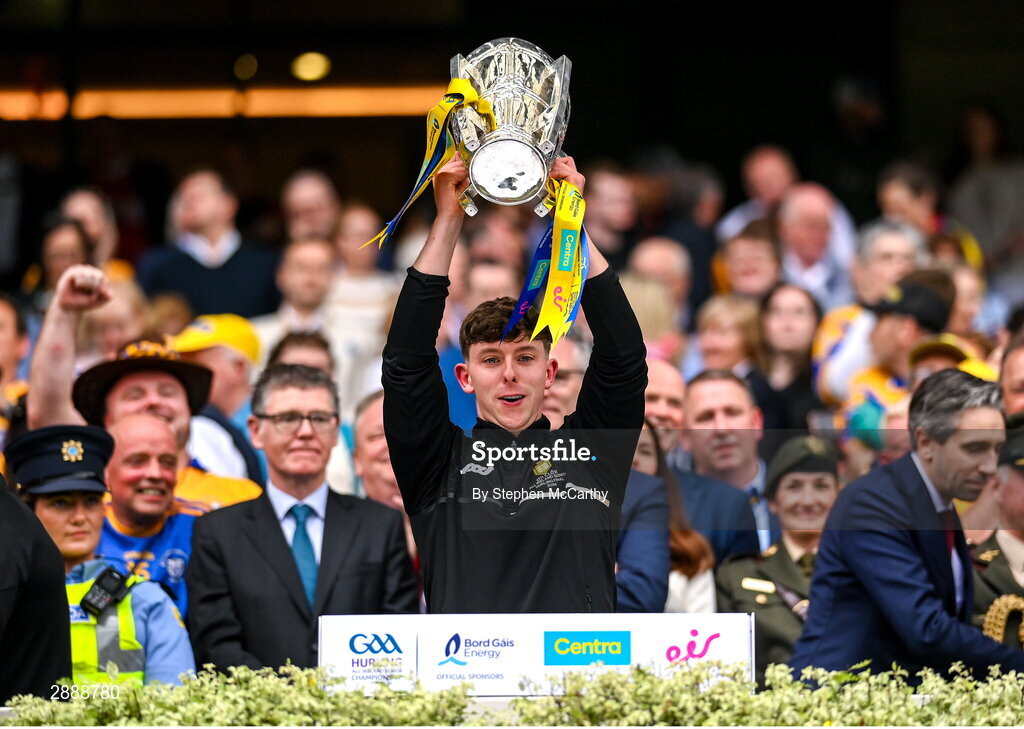 21 July 2024; Davy Conroy of Clare lifts the Liam MacCarthy cup following victory in the GAA Hurling All-Ireland Senior Championship Final between Clare and Cork at Croke Park in Dublin. Photo by Stephen McCarthy/Sportsfile
