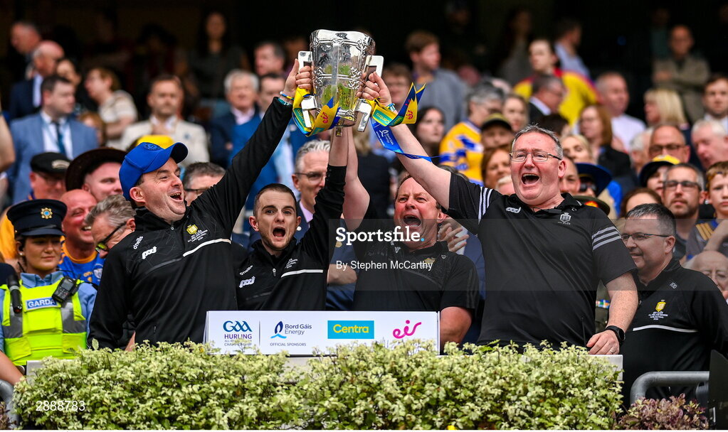 21 July 2024; Éamonn Meyers, Shane Lorigan, Liam and Donnacha Corrigan lift the Liam MacCarthy cup following victory in the GAA Hurling All-Ireland Senior Championship Final between Clare and Cork at Croke Park in Dublin. Photo by Stephen McCarthy/Sportsfile