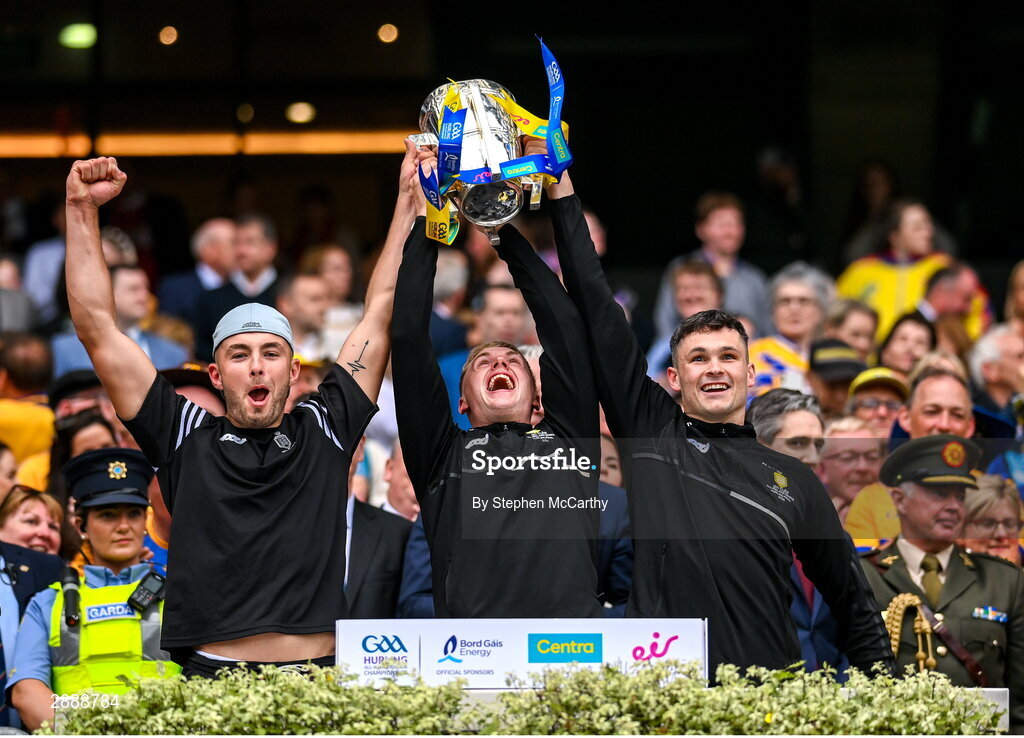 21 July 2024; Clare players, from left, Dylan McMahon, Colm O'Meara and Padraic O'Loughlin lift the Liam MacCarthy cup following victory in the GAA Hurling All-Ireland Senior Championship Final between Clare and Cork at Croke Park in Dublin. Photo by Stephen McCarthy/Sportsfile