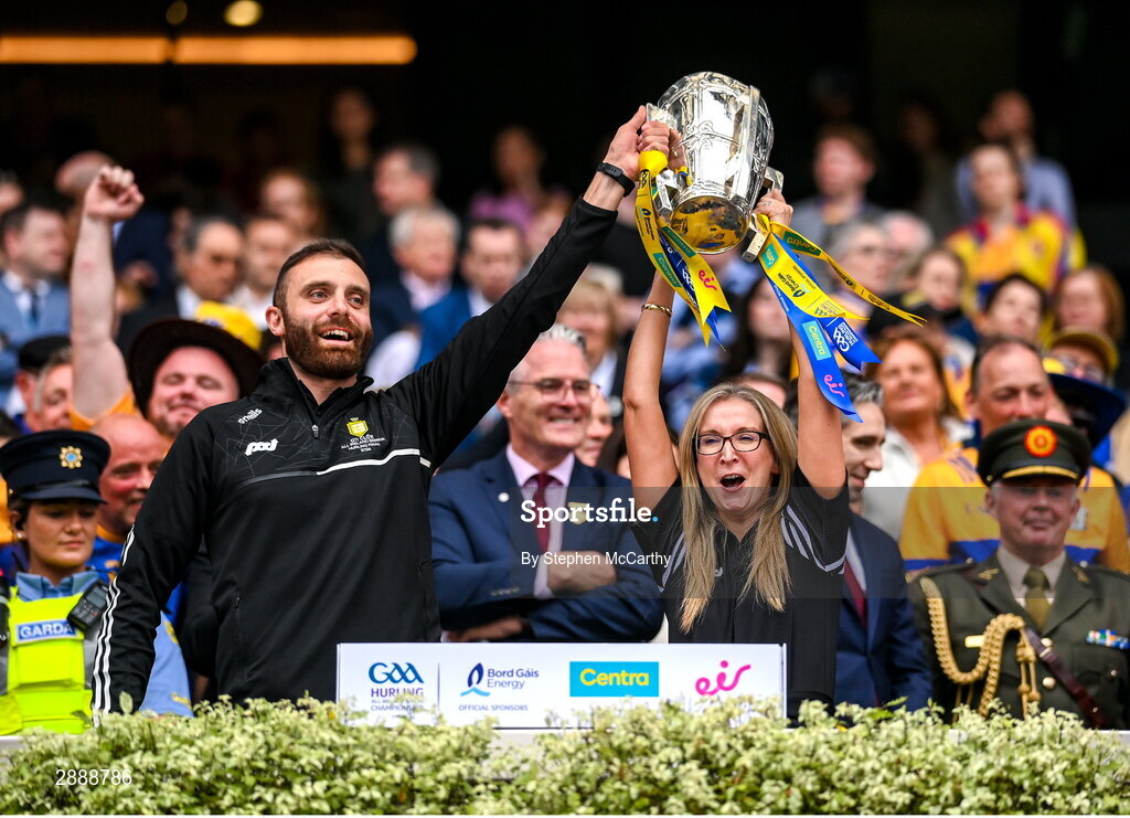 21 July 2024; Gavin Rackard and Nollaig O'Sullivan lift the Liam MacCarthy cup following victory in the GAA Hurling All-Ireland Senior Championship Final between Clare and Cork at Croke Park in Dublin. Photo by Stephen McCarthy/Sportsfile