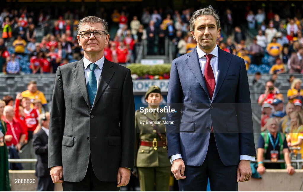 21 July 2024; Ard Stiúrthóir of the GAA Tom Ryan, left, and An Taoiseach Simon Harris TD arrive before the GAA Hurling All-Ireland Senior Championship Final between Clare and Cork at Croke Park in Dublin. Photo by Brendan Moran/Sportsfile