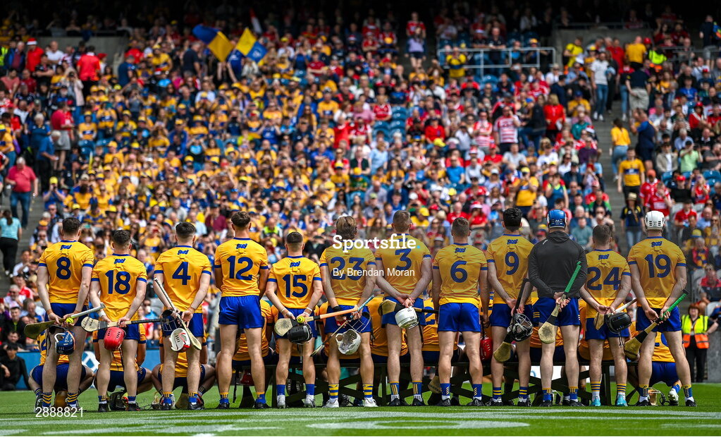 21 July 2024; The Clare team sit for a team photograph before the GAA Hurling All-Ireland Senior Championship Final between Clare and Cork at Croke Park in Dublin. Photo by Brendan Moran/Sportsfile