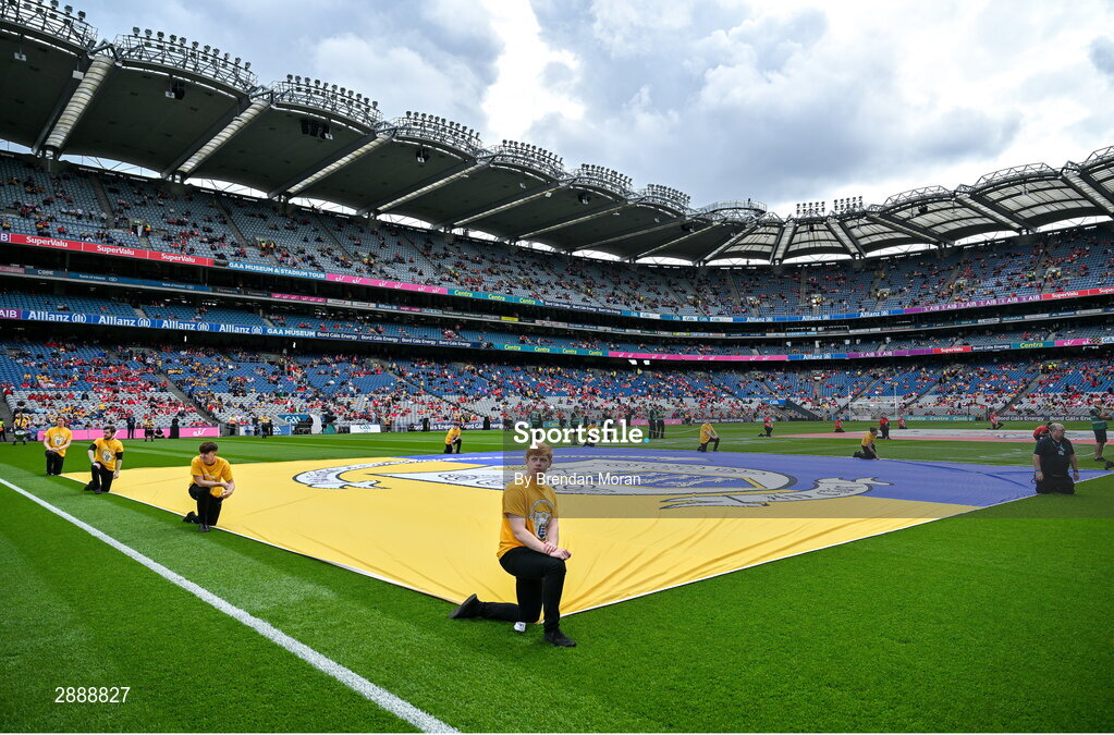 21 July 2024; A large Clare flag on the pitch before the GAA Hurling All-Ireland Senior Championship Final between Clare and Cork at Croke Park in Dublin. Photo by Brendan Moran/Sportsfile