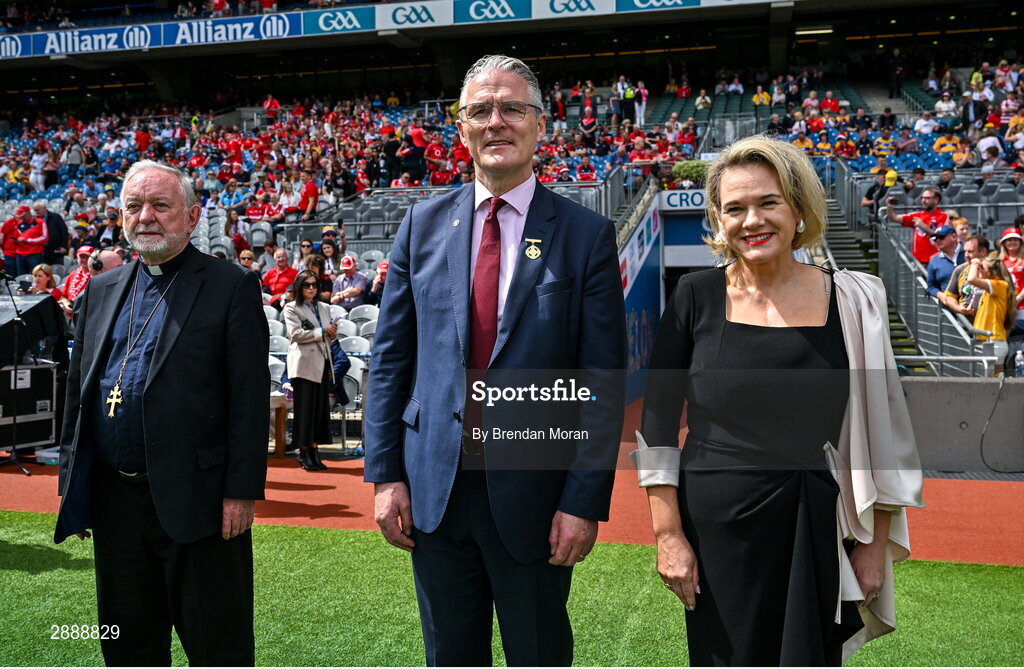 21 July 2024; Patron of the GAA and Bishop of Cashel and Emly Kieran O'Reilly, with Uachtarán Chumann Lúthchleas Gael Jarlath Burns and his wife Suzanne before the GAA Hurling All-Ireland Senior Championship Final between Clare and Cork at Croke Park in Dublin. Photo by Brendan Moran/Sportsfile