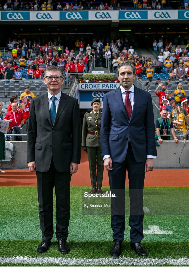 21 July 2024; Ard Stiúrthóir of the GAA Tom Ryan, left, and An Taoiseach Simon Harris TD arrive before the GAA Hurling All-Ireland Senior Championship Final between Clare and Cork at Croke Park in Dublin. Photo by Brendan Moran/Sportsfile