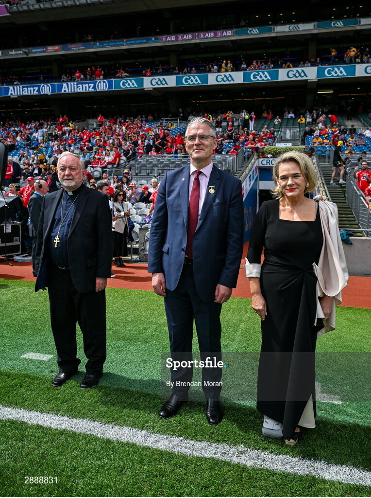 21 July 2024; Patron of the GAA and Bishop of Cashel and Emly Kieran O'Reilly, with Uachtarán Chumann Lúthchleas Gael Jarlath Burns and his wife Suzanne before the GAA Hurling All-Ireland Senior Championship Final between Clare and Cork at Croke Park in Dublin. Photo by Brendan Moran/Sportsfile