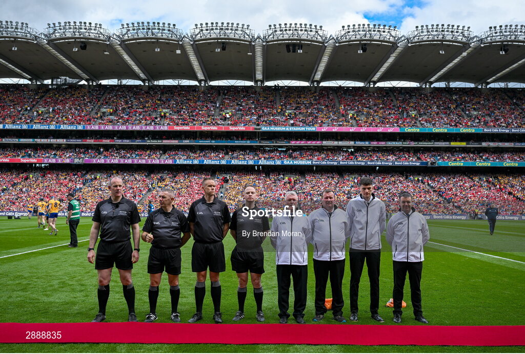 21 July 2024; Referee Johnny Murphy and his match officials before the GAA Hurling All-Ireland Senior Championship Final between Clare and Cork at Croke Park in Dublin. Photo by Brendan Moran/Sportsfile