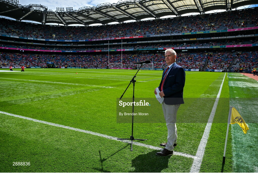 21 July 2024; TG4 GAA commentator Brian Tyers before the GAA Hurling All-Ireland Senior Championship Final between Clare and Cork at Croke Park in Dublin. Photo by Brendan Moran/Sportsfile