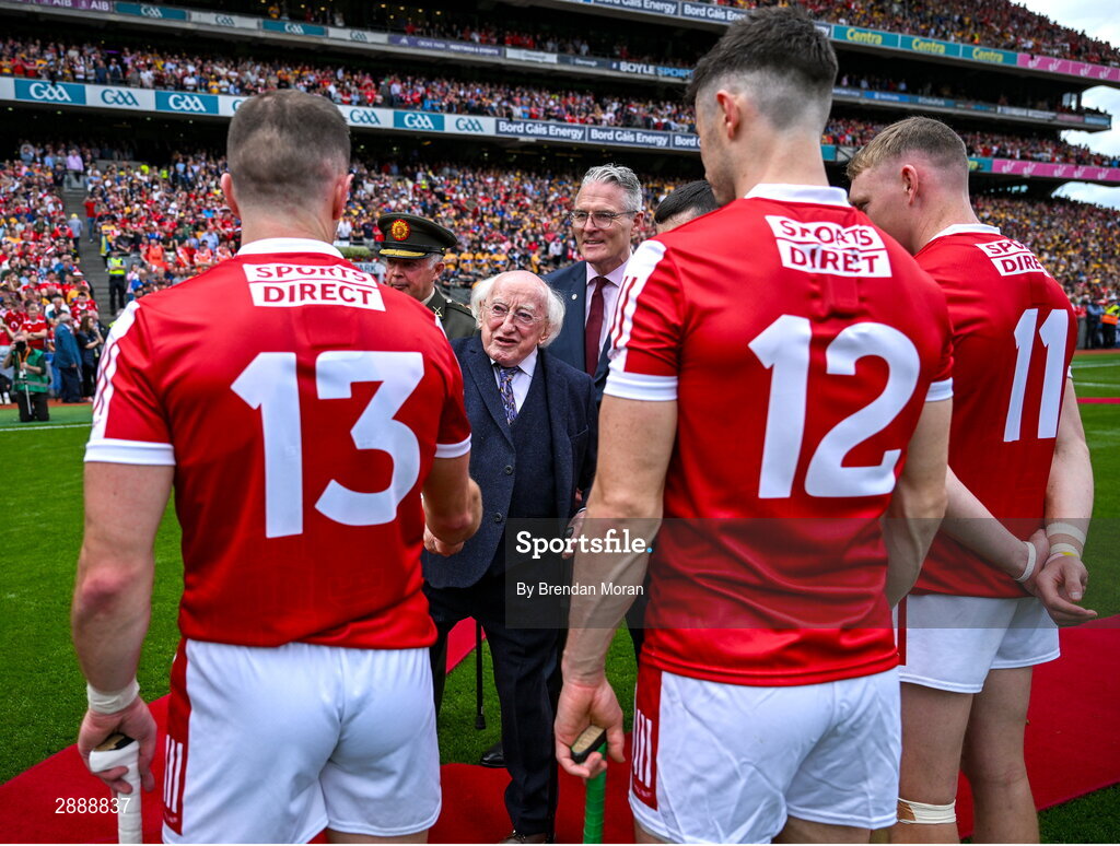 21 July 2024; President of Ireland Michael D Higgins, in the cpmpany of Uachtarán Chumann Lúthchleas Gael Jarlath Burns meets Patrick Horgan of Cork before the GAA Hurling All-Ireland Senior Championship Final between Clare and Cork at Croke Park in Dublin. Photo by Brendan Moran/Sportsfile