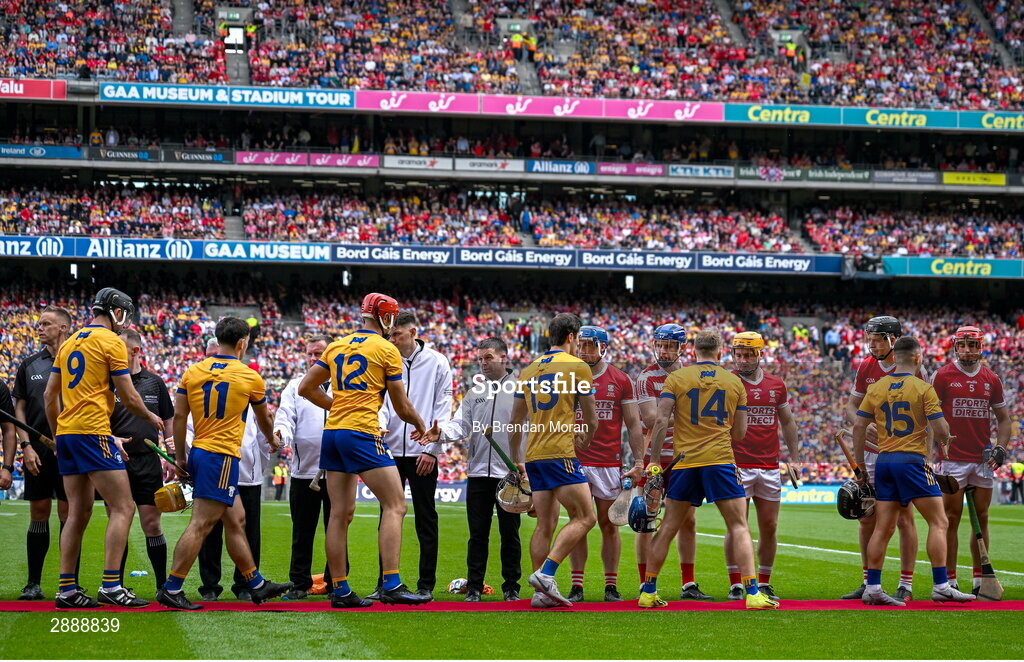 21 July 2024; The teams shake hands before the GAA Hurling All-Ireland Senior Championship Final between Clare and Cork at Croke Park in Dublin. Photo by Brendan Moran/Sportsfile