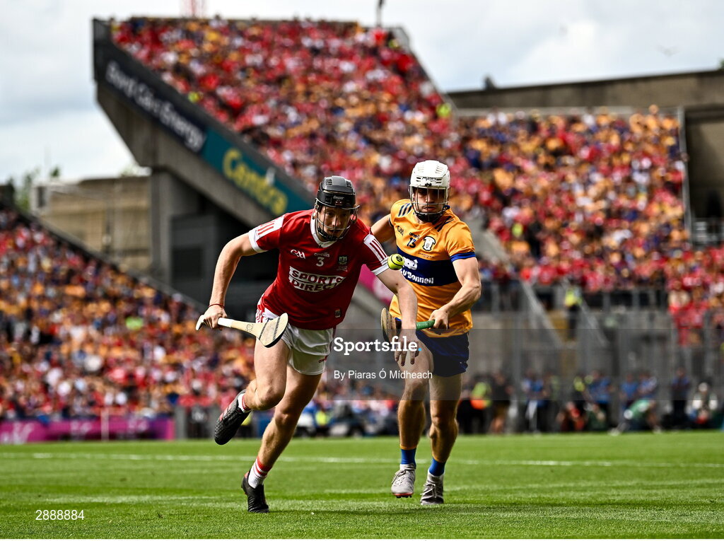 21 July 2024; Eoin Downey of Cork in action against Aidan McCarthy of Clare during the GAA Hurling All-Ireland Senior Championship Final between Clare and Cork at Croke Park in Dublin. Photo by Piaras Ó Mídheach/Sportsfile