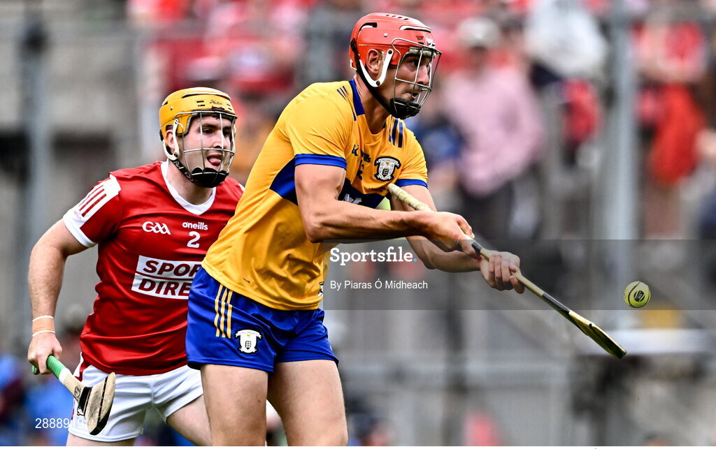 21 July 2024; Peter Duggan of Clare in action against Niall O'Leary of Cork during the GAA Hurling All-Ireland Senior Championship Final between Clare and Cork at Croke Park in Dublin. Photo by Piaras Ó Mídheach/Sportsfile