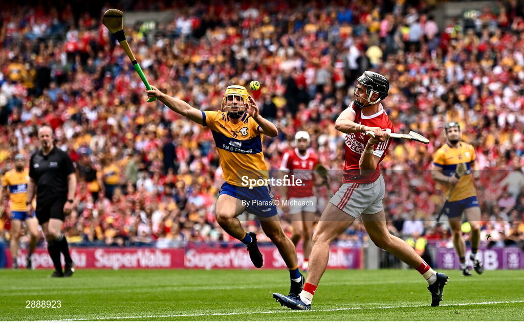 21 July 2024; Darragh Fitzgibbon of Cork in action against Mark Rodgers of Clare during the GAA Hurling All-Ireland Senior Championship Final between Clare and Cork at Croke Park in Dublin. Photo by Piaras Ó Mídheach/Sportsfile