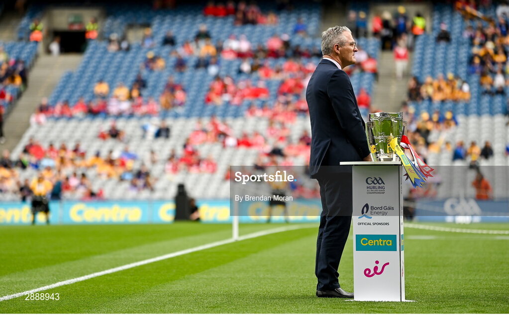 21 July 2024; Uachtarán Chumann Lúthchleas Gael Jarlath Burns with the Liam MacCarthy cup before the GAA Hurling All-Ireland Senior Championship Final between Clare and Cork at Croke Park in Dublin. Photo by Brendan Moran/Sportsfile