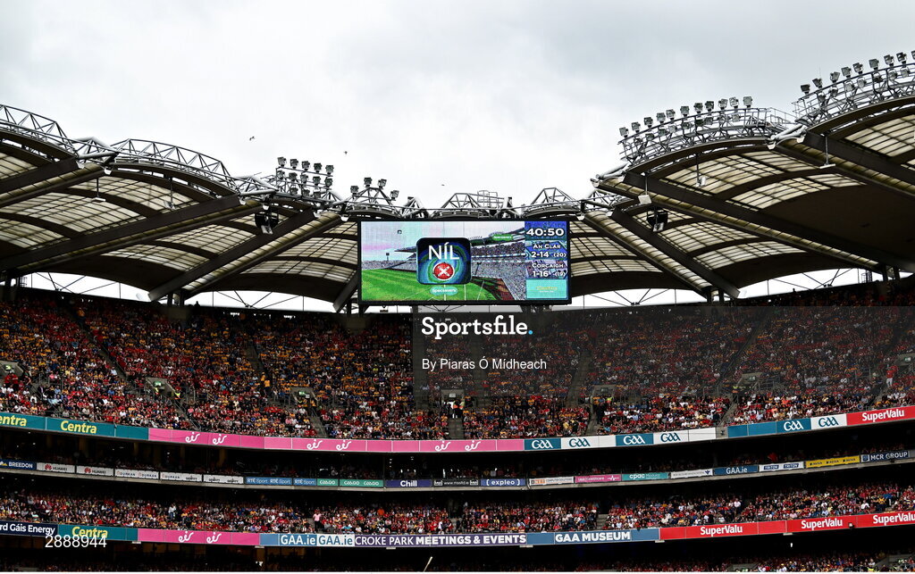 21 July 2024; The result of a hawk-eye during the GAA Hurling All-Ireland Senior Championship Final between Clare and Cork at Croke Park in Dublin. Photo by Piaras Ó Mídheach/Sportsfile