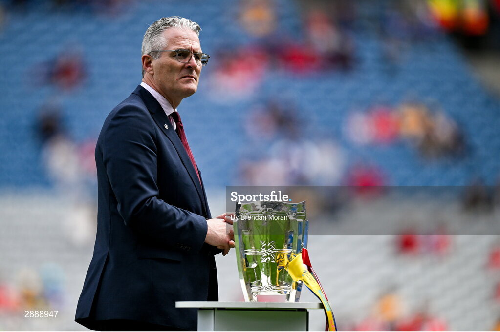 21 July 2024; Uachtarán Chumann Lúthchleas Gael Jarlath Burns with the Liam MacCarthy cup before the GAA Hurling All-Ireland Senior Championship Final between Clare and Cork at Croke Park in Dublin. Photo by Brendan Moran/Sportsfile