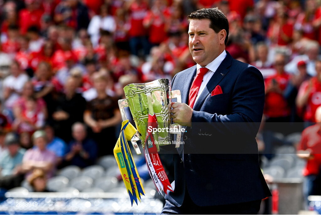 21 July 2024; Mark Landers of the Cork hurling jubilee 1999 All Ireland winning team beings out the Liam MacCarthy cup before the GAA Hurling All-Ireland Senior Championship Final between Clare and Cork at Croke Park in Dublin. Photo by Brendan Moran/Sportsfile