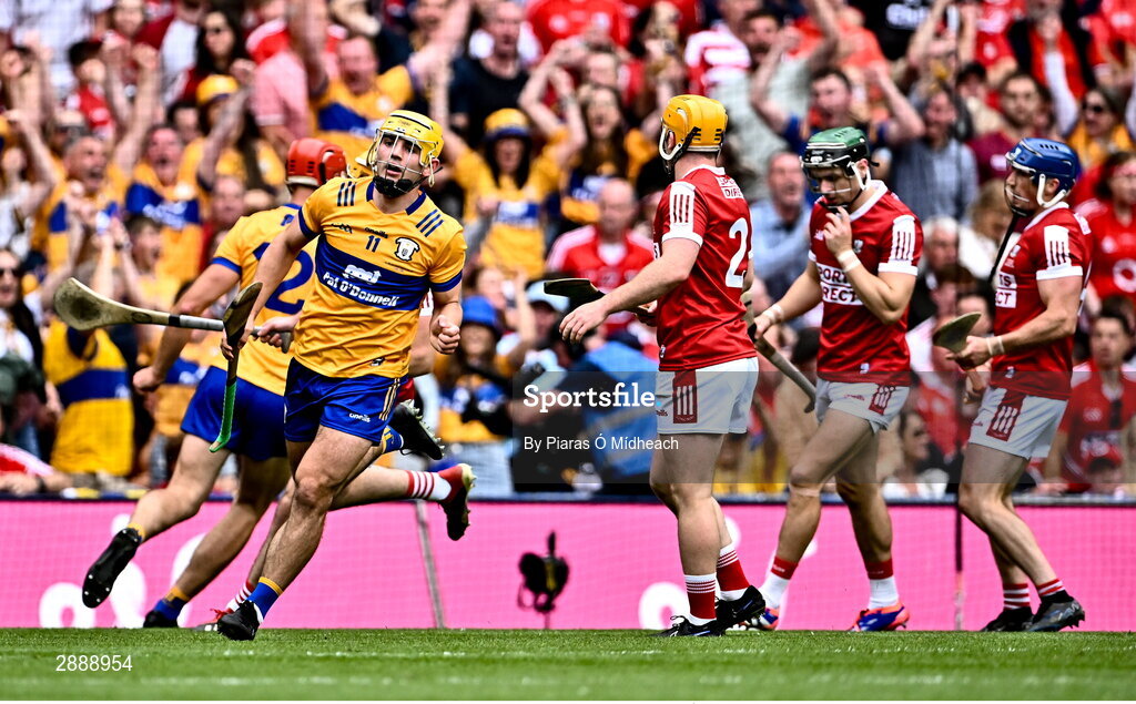 21 July 2024; Mark Rodgers of Clare after scoring his side's second goal during the GAA Hurling All-Ireland Senior Championship Final between Clare and Cork at Croke Park in Dublin. Photo by Piaras Ó Mídheach/Sportsfile
