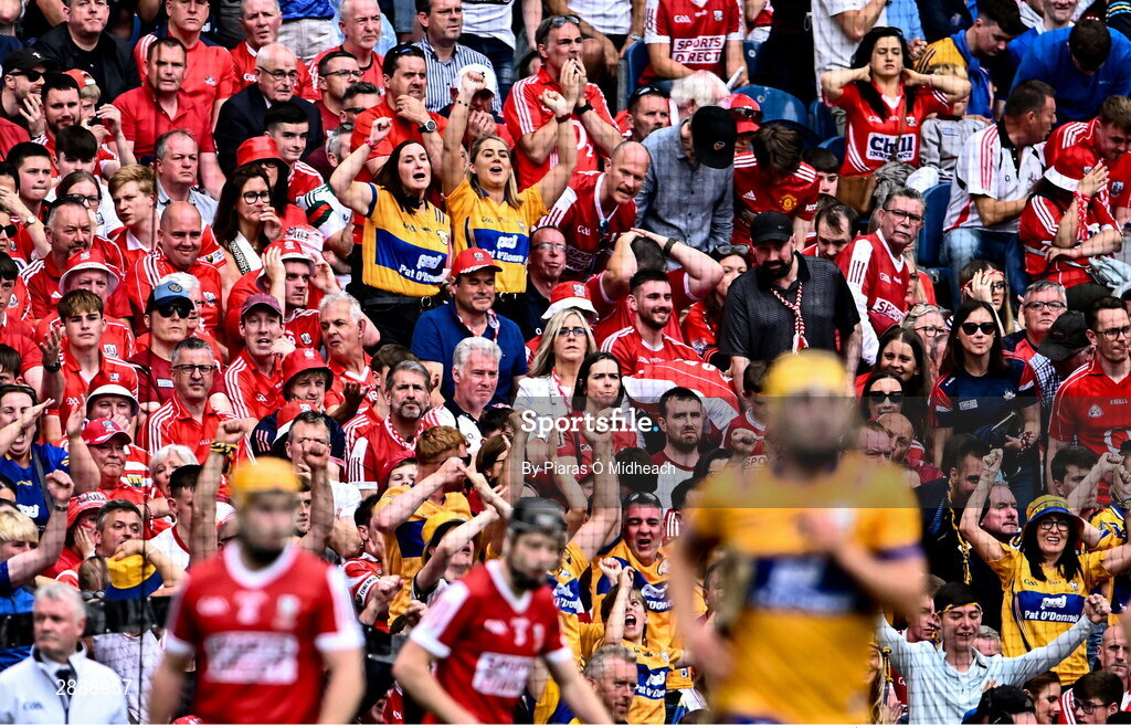 21 July 2024; Two Clare supporters after Mark Rodgers of Clare scored their side's second goal during the GAA Hurling All-Ireland Senior Championship Final between Clare and Cork at Croke Park in Dublin. Photo by Piaras Ó Mídheach/Sportsfile