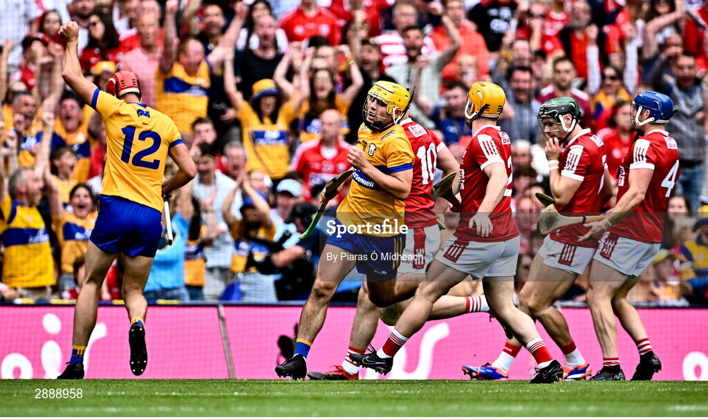 21 July 2024; Mark Rodgers of Clare after scoring his side's second goal during the GAA Hurling All-Ireland Senior Championship Final between Clare and Cork at Croke Park in Dublin. Photo by Piaras Ó Mídheach/Sportsfile
