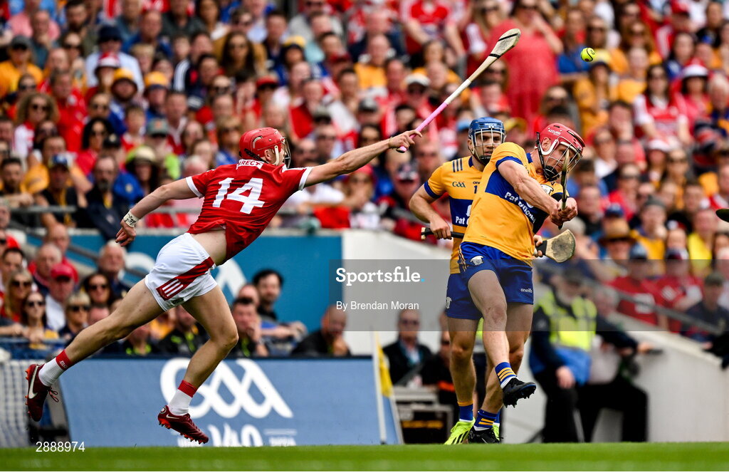 21 July 2024; John Conlon of Clare in action against Alan Connolly of Cork during the GAA Hurling All-Ireland Senior Championship Final between Clare and Cork at Croke Park in Dublin. Photo by Brendan Moran/Sportsfile