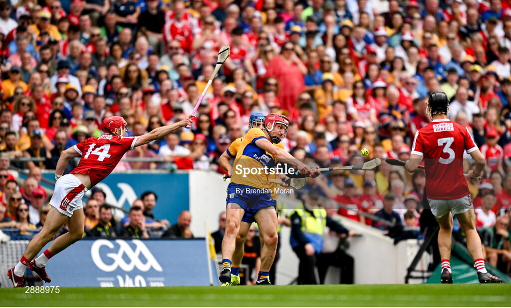21 July 2024; John Conlon of Clare in action against Alan Connolly of Cork during the GAA Hurling All-Ireland Senior Championship Final between Clare and Cork at Croke Park in Dublin. Photo by Brendan Moran/Sportsfile