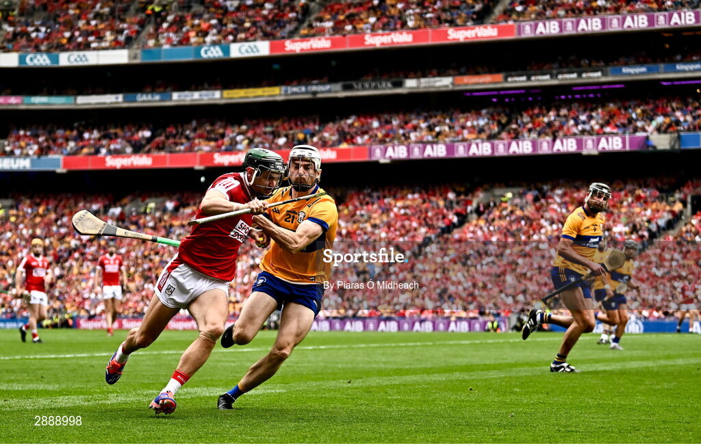 21 July 2024; Mark Coleman of Cork in action against Ryan Taylor of Clare during the GAA Hurling All-Ireland Senior Championship Final between Clare and Cork at Croke Park in Dublin. Photo by Piaras Ó Mídheach/Sportsfile