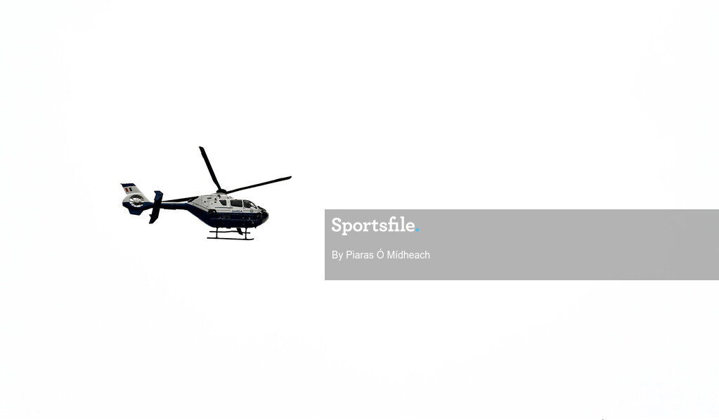 21 July 2024; A Garda Síochána helicopter flies over the pitch during the GAA Hurling All-Ireland Senior Championship Final between Clare and Cork at Croke Park in Dublin. Photo by Piaras Ó Mídheach/Sportsfile