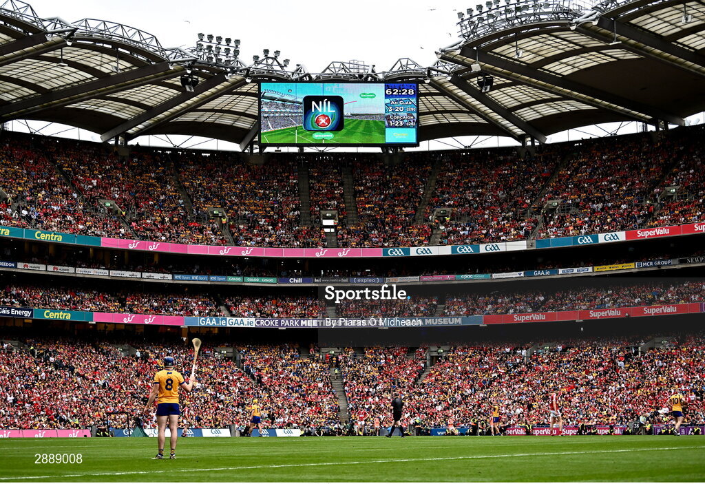 21 July 2024; A general view of a Hawk-Eye decision on a big screen during the GAA Hurling All-Ireland Senior Championship Final between Clare and Cork at Croke Park in Dublin. Photo by Piaras Ó Mídheach/Sportsfile