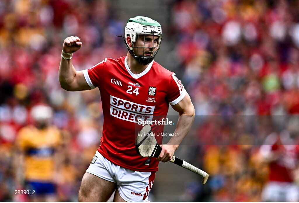 21 July 2024; Shane Kingston of Cork celebrates after scoring a point during the GAA Hurling All-Ireland Senior Championship Final between Clare and Cork at Croke Park in Dublin. Photo by Piaras Ó Mídheach/Sportsfile