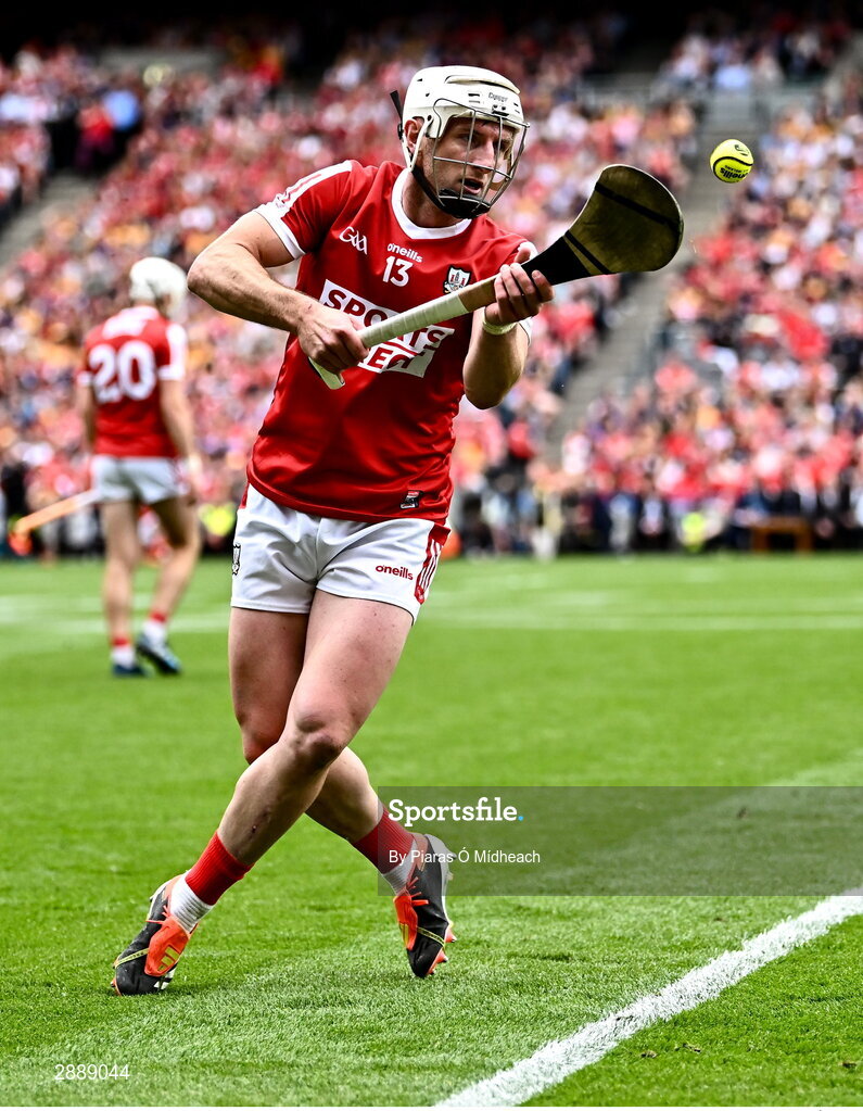 21 July 2024; Patrick Horgan of Cork takes a free during the GAA Hurling All-Ireland Senior Championship Final between Clare and Cork at Croke Park in Dublin. Photo by Piaras Ó Mídheach/Sportsfile