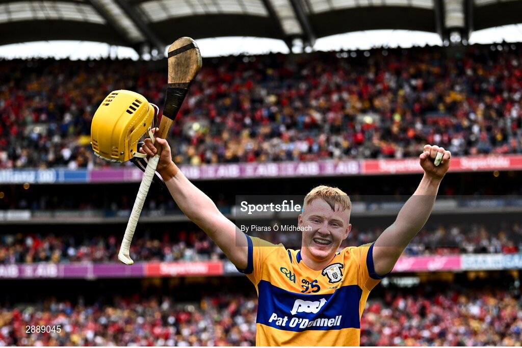 21 July 2024; Shane Meehan of Clare celebrares after his side's victory in the GAA Hurling All-Ireland Senior Championship Final between Clare and Cork at Croke Park in Dublin. Photo by Piaras Ó Mídheach/Sportsfile