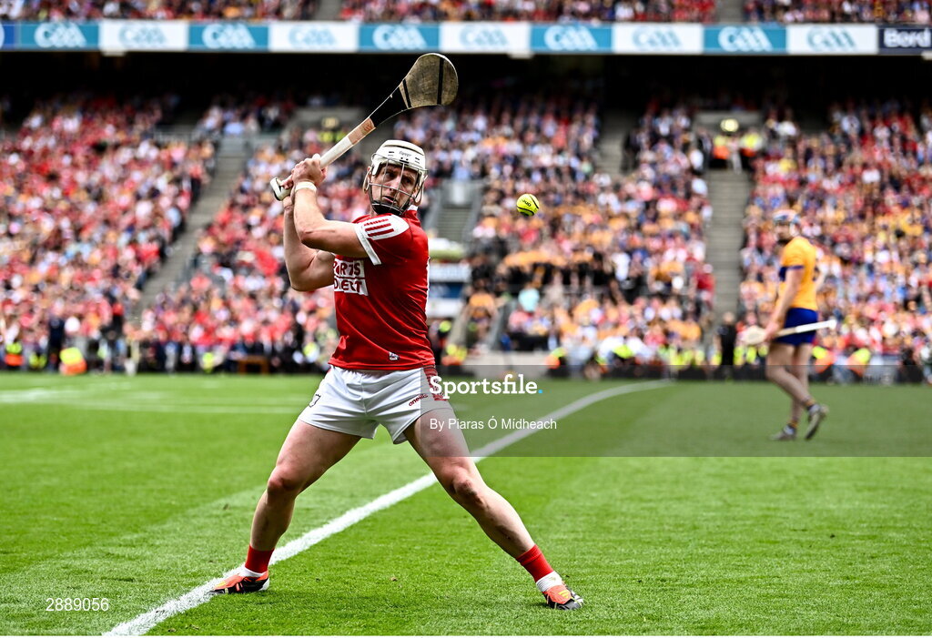 21 July 2024; Patrick Horgan of Cork takes a free during the GAA Hurling All-Ireland Senior Championship Final between Clare and Cork at Croke Park in Dublin. Photo by Piaras Ó Mídheach/Sportsfile