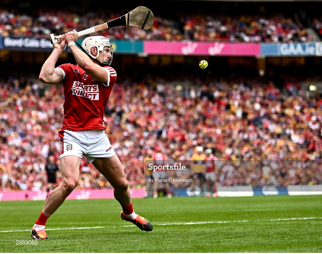 21 July 2024; Patrick Horgan of Cork takes a free during the GAA Hurling All-Ireland Senior Championship Final between Clare and Cork at Croke Park in Dublin. Photo by Piaras Ó Mídheach/Sportsfile