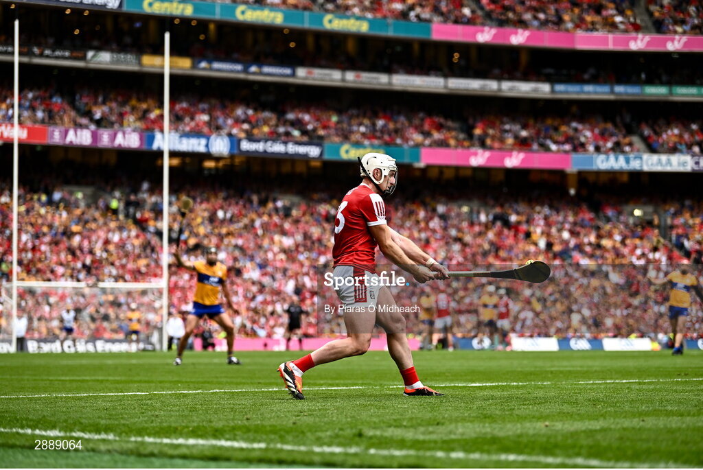 21 July 2024; Patrick Horgan of Cork takes a free during the GAA Hurling All-Ireland Senior Championship Final between Clare and Cork at Croke Park in Dublin. Photo by Piaras Ó Mídheach/Sportsfile
