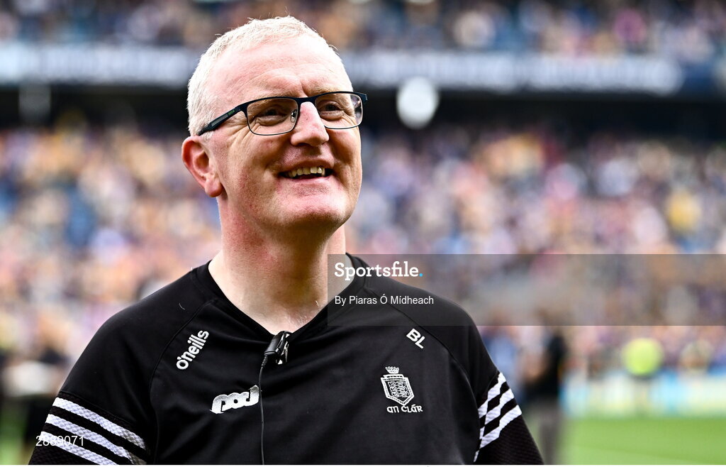21 July 2024; Clare manager Brian Lohan celebrates after his side's victory in the GAA Hurling All-Ireland Senior Championship Final between Clare and Cork at Croke Park in Dublin. Photo by Piaras Ó Mídheach/Sportsfile