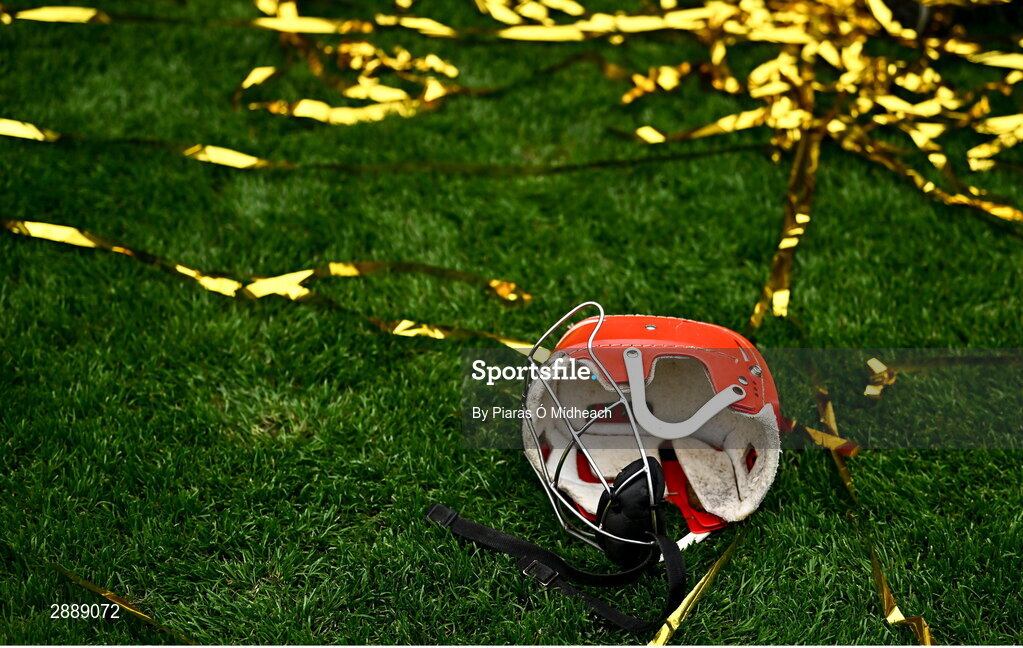 21 July 2024; The helmet of Peter Duggan of Clare next to streamers after his side's victory in the GAA Hurling All-Ireland Senior Championship Final between Clare and Cork at Croke Park in Dublin. Photo by Piaras Ó Mídheach/Sportsfile