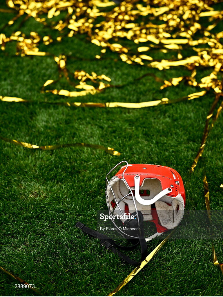 21 July 2024; The helmet of Peter Duggan of Clare next to streamers after his side's victory in the GAA Hurling All-Ireland Senior Championship Final between Clare and Cork at Croke Park in Dublin. Photo by Piaras Ó Mídheach/Sportsfile