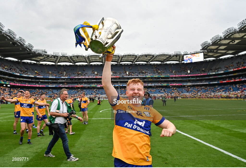 21 July 2024; Shane Meehan of Clare celebrates  with the Liam MacCarthy cup after his side's victory in the GAA Hurling All-Ireland Senior Championship Final between Clare and Cork at Croke Park in Dublin. Photo by Sam Barnes/Sportsfile