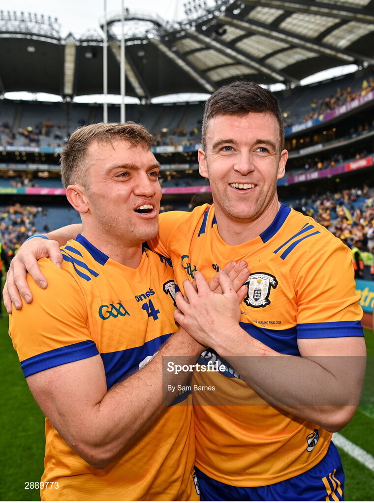 21 July 2024; Clare captain Tony Kelly, right, and team-mate Shane O'Donnell celebrate after their side's victory in the GAA Hurling All-Ireland Senior Championship Final between Clare and Cork at Croke Park in Dublin. Photo by Sam Barnes/Sportsfile